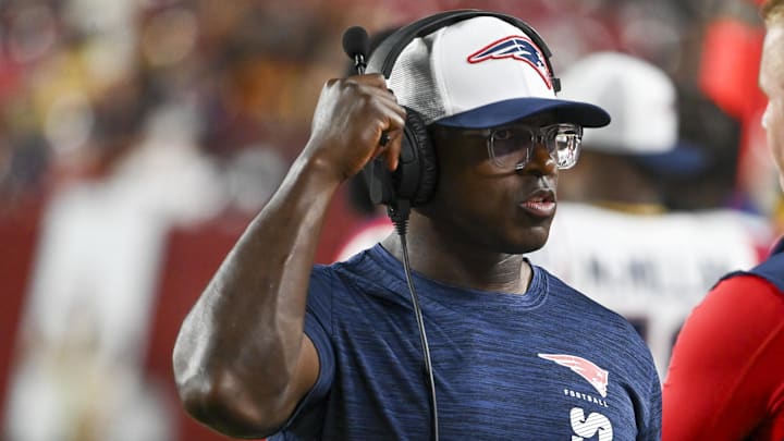 Aug 25, 2024; Landover, Maryland, USA;  New England Patriots special team coach Matthew Slater during the first half against the Washington Commanders at Commanders Field. Mandatory Credit: Tommy Gilligan-Imagn Images