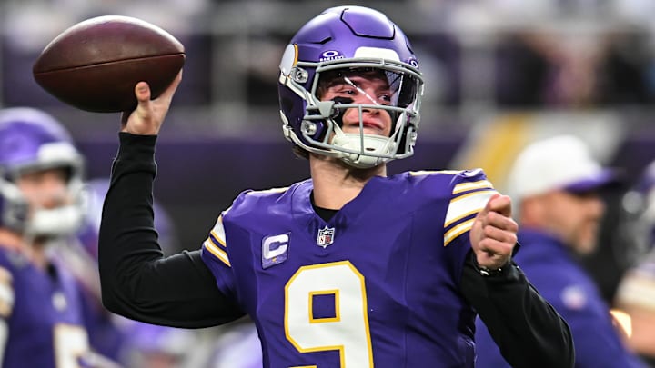 Jan 4, 2026; Minneapolis, Minnesota, USA; Minnesota Vikings quarterback J.J. McCarthy (9) warms up prior to the game against the Green Bay Packers at U.S. Bank Stadium.