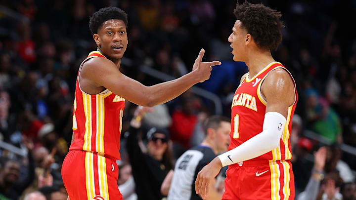 De'Andre Hunter and Jalen Johnson #1 of the Atlanta Hawks