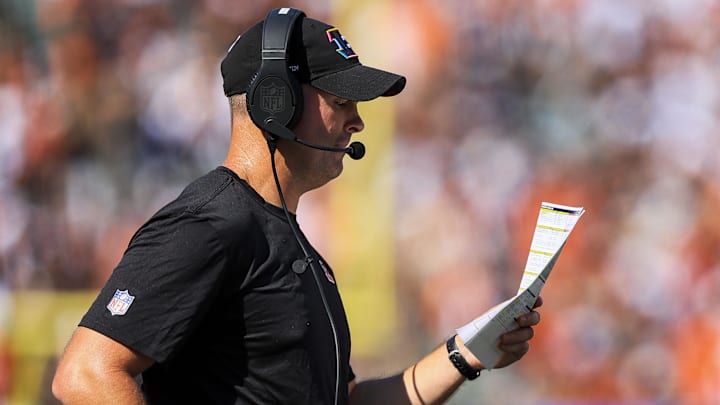 Oct 6, 2024; Cincinnati, Ohio, USA; Cincinnati Bengals head coach Zac Taylor calls a play in the first half against the Baltimore Ravens at Paycor Stadium. Mandatory Credit: Katie Stratman-Imagn Images