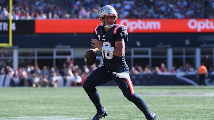 Sep 28, 2025; Foxborough, Massachusetts, USA; New England Patriots quarterback Drake Maye (10) rolls out of the pocket during the second half against the Carolina Panthers at Gillette Stadium. Mandatory Credit: Bob DeChiara-Imagn Images
