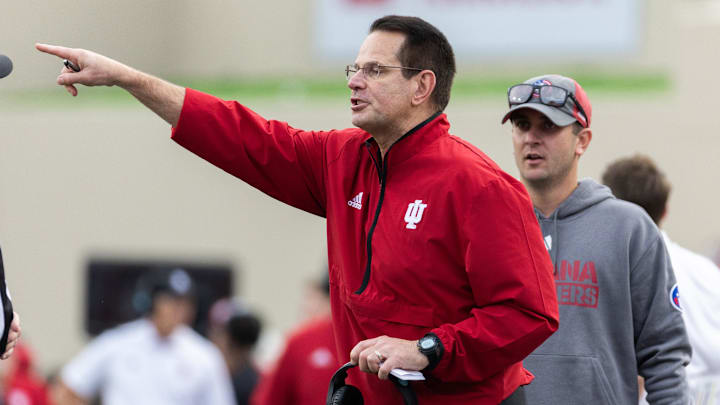 Nov 9, 2024; Bloomington, Indiana, USA; Indiana Hoosiers head coach Curt Cignetti reacts in the game against the Michigan Wolverines  at Memorial Stadium. Mandatory Credit: Trevor Ruszkowski-Imagn Images