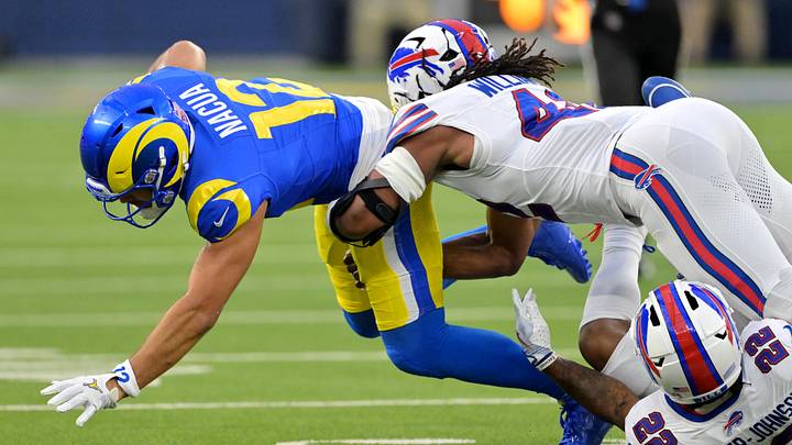 Oct 12, 2026; Inglewood, California, USA; Los Angeles Rams wide receiver Puka Nacua (12) is tackled by Buffalo Bills linebacker Dorian Williams (42) during the first quarter at SoFi Stadium. Oct 12, 2026; Inglewood, California, USA; Los Angeles Rams wide receiver Puka Nacua (12) is tackled by Buffalo Bills linebacker Dorian Williams (42) during the first quarter at SoFi Stadium.