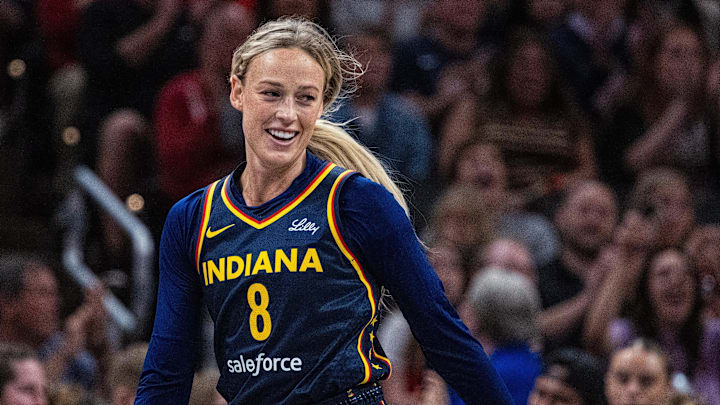 Jun 17, 2025; Indianapolis, Indiana, USA; Indiana Fever guard Sophie Cunningham (8) in the second half against the Connecticut Sun at Gainbridge Fieldhouse. Mandatory Credit: Trevor Ruszkowski-Imagn Images