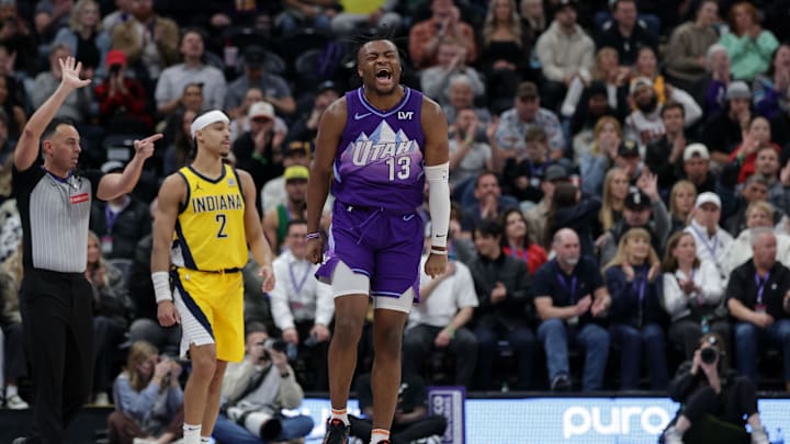 Feb 3, 2025; Salt Lake City, Utah, USA;  Utah Jazz guard Isaiah Collier (13) celebrates after scoring a basket during the second half against the Indiana Pacers at Delta Center. Mandatory Credit: Chris Nicoll-Imagn Images