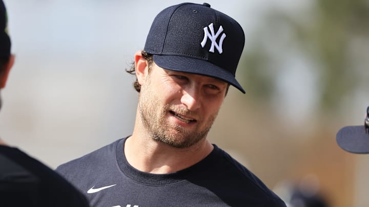 Feb 12, 2026; Tampa, FL, USA;  New York Yankees pitcher Gerrit Cole (45) works out during spring training workouts at George M. Steinbrenner Field. Mandatory Credit: Kim Klement Neitzel-Imagn Images