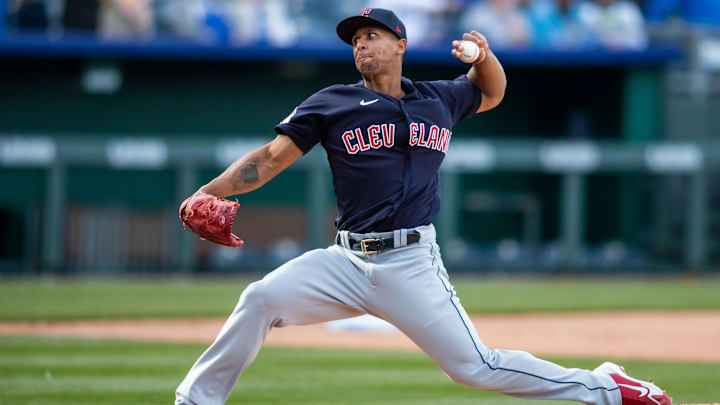 Apr 9, 2022: Cleveland Guardians relief pitcher Anthony Gose (26) pitches against the Kansas City Royals at Kauffman Stadium. 