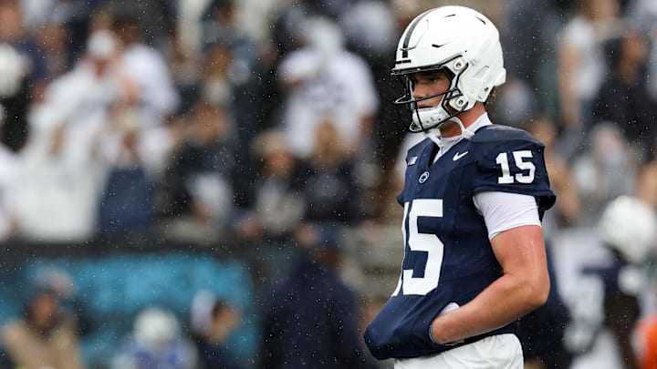 Penn State Nittany Lions quarterback Drew Allar stands on the field prior to the game against the Florida International Panthers at Beaver Stadium. 