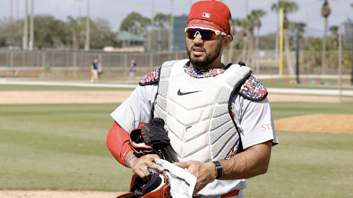 Feb 16, 2026; Jupiter, FL, USA;  St. Louis Cardinals catcher Ivan Herrera (48) during spring training workouts at Roger Dean Stadium. Mandatory Credit: Reinhold Matay-Imagn Images