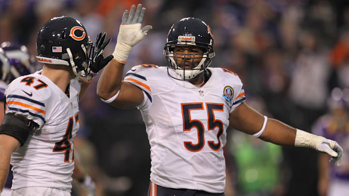 Dec 9, 2012; Minneapolis, MN, USA; Chicago Bears linebacker Lance Briggs (55) against the Minnesota Vikings at the Metrodome. The Vikings defeated the Bears 21-14. Mandatory Credit: Brace Hemmelgarn-Imagn Images