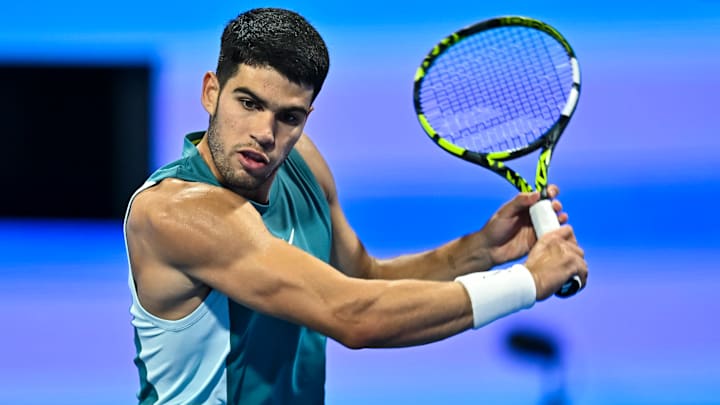 Carlos Alcaraz of Spain competes in his quarterfinal match against Jiri Lehecka of Czech Republic during the ATP Qatar ExxonMobil Open 2025.