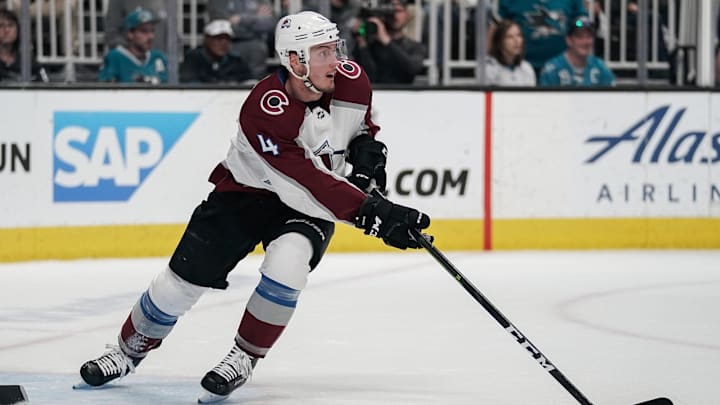 May 4, 2019; San Jose, CA, USA; Colorado Avalanche defenseman Tyson Barrie (4) controls the puck against the San Jose Sharks during the first period in game five of the second round of the 2019 Stanley Cup Playoffs at SAP Center at San Jose. Mandatory Credit: Stan Szeto-Imagn Images