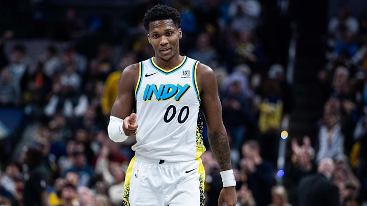 Indiana Pacers guard Bennedict Mathurin (00) celebrates a made basket in the second half against the Milwaukee Bucks at Gainbridge Fieldhouse.