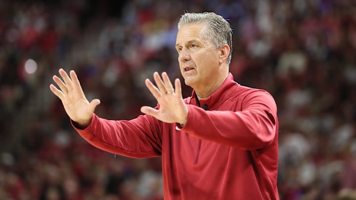Oct 25, 2024; Fayetteville, AR, USA; Arkansas Razorbacks head coach John Calipari during the second quarter against the Kansas Jayhawks at Bud Walton Arena. Mandatory Credit: Nelson Chenault-Imagn Images