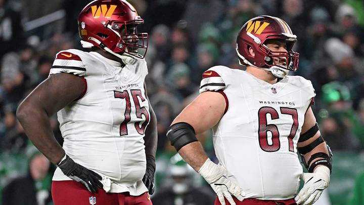 Jan 4, 2026; Philadelphia, Pennsylvania, USA; Washington Commanders guard Chris Paul (75) and center Nick Allegretti (67) against the Philadelphia Eagles at Lincoln Financial Field. Mandatory Credit: Eric Hartline-Imagn Images