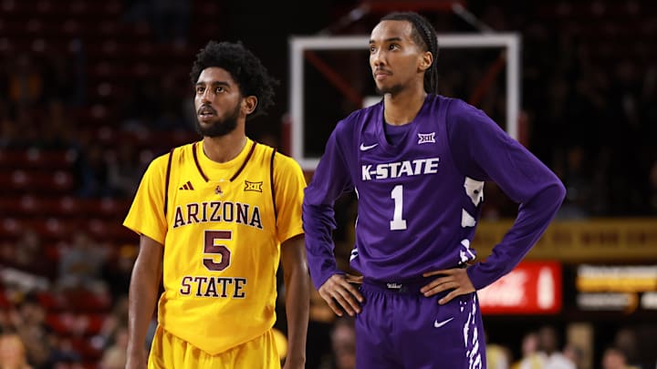 Jan 10, 2026; Tempe, Arizona, USA; Kansas State Wildcats guard Abdi Bashir Jr. (1) against Arizona State Sun Devils guard Maurice Odum (5) at Desert Financial Arena. Jan 10, 2026; Tempe, Arizona, USA; Kansas State Wildcats guard Abdi Bashir Jr. (1) against Arizona State Sun Devils guard Maurice Odum (5) at Desert Financial Arena.