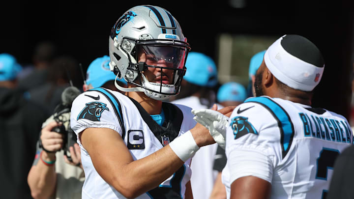 Dec 29, 2024; Tampa, Florida, USA; Carolina Panthers quarterback Bryce Young (9) and running back Raheem Blackshear (3) prior to the game against the Tampa Bay Buccaneers at Raymond James Stadium. Mandatory Credit: Kim Klement Neitzel-Imagn Images