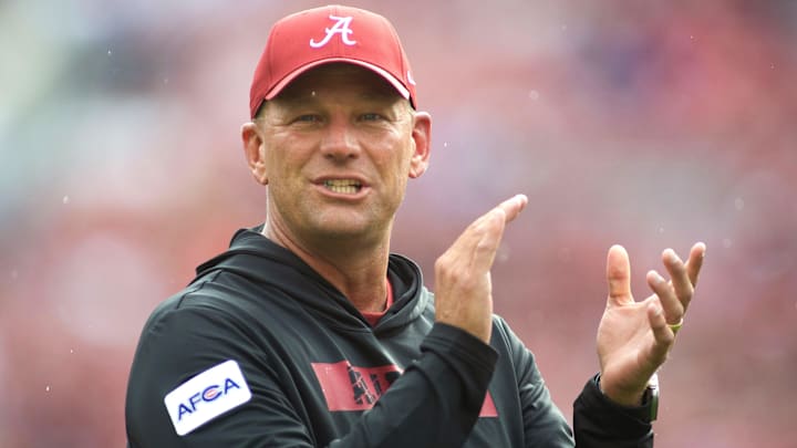Aug 31, 2024; Tuscaloosa, Alabama, USA; Alabama Crimson Tide head coach Kalen DeBoer coaches his players during warm ups before their game against the Western Kentucky Hilltoppers at Bryant-Denny Stadium. Mandatory Credit: Will McLelland-Imagn Images Aug 31, 2024; Tuscaloosa, Alabama, USA; Alabama Crimson Tide head coach Kalen DeBoer coaches his players during warm ups before their game against the Western Kentucky Hilltoppers at Bryant-Denny Stadium. Mandatory Credit: Will McLelland-Imagn Images