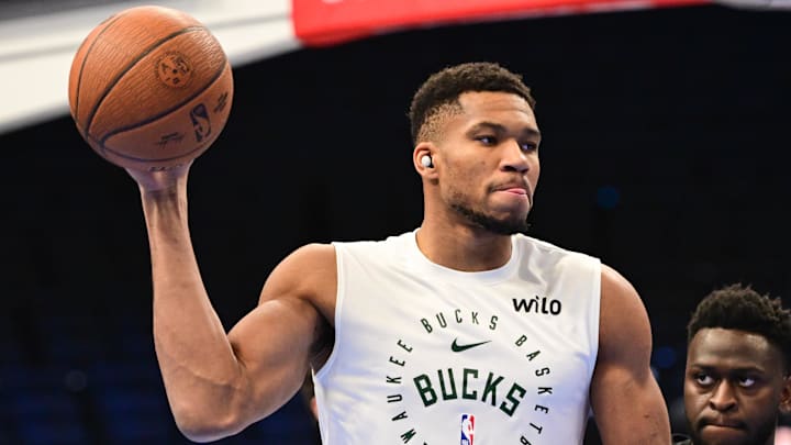 Nov 22, 2024; Milwaukee, Wisconsin, USA; Milwaukee Bucks forward Giannis Antetokounmpo (34) warms up before game against the Indiana Pacers at Fiserv Forum. Mandatory Credit: Benny Sieu-Imagn Images