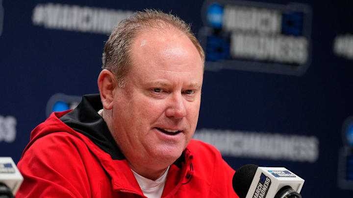 Mar 21, 2024; Brooklyn, NY, USA; Wisconsin coach Greg Gard talks to the media at a press conference at Barclays Center. Mandatory Credit: Robert Deutsch-Imagn Images