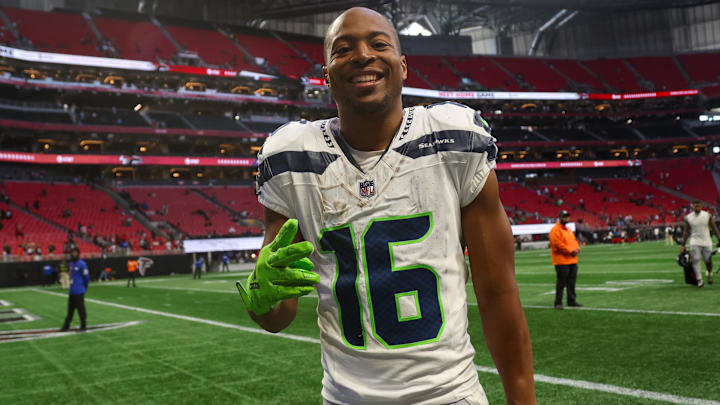 Seattle Seahawks wide receiver Tyler Lockett celebrates after a victory over the Atlanta Falcons