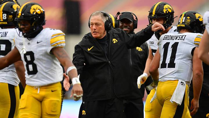 Nov 15, 2025; Los Angeles, California, USA; Iowa Hawkeyes head coach Kirk Ferentz during the first half at the Los Angeles Memorial Coliseum. Mandatory Credit: Gary A. Vasquez-Imagn Images