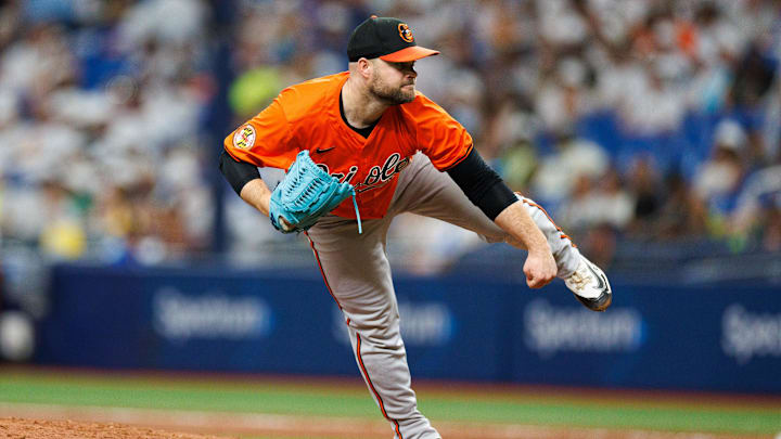 Jun 8, 2024; St. Petersburg, Florida, USA;  Baltimore Orioles pitcher Danny Coulombe (54) throws a pitch against the Tampa Bay Rays in the seventh inning at Tropicana Field. Mandatory Credit: Nathan Ray Seebeck-Imagn Images