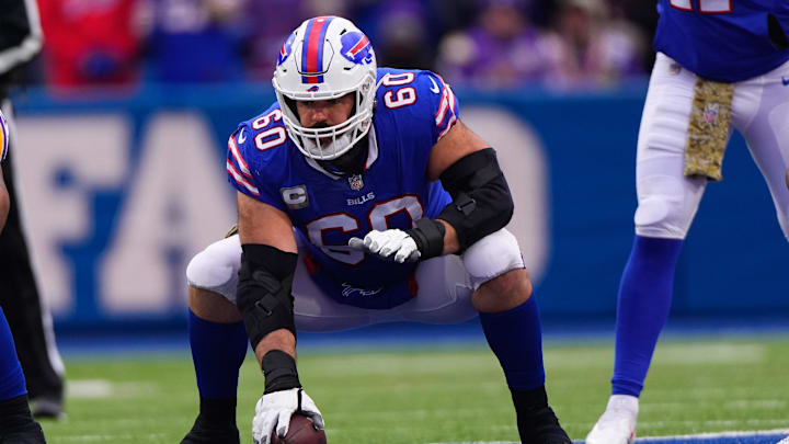 Nov 13, 2022; Orchard Park, New York, USA; Buffalo Bills center Mitch Morse (60) against the