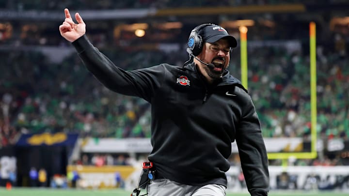 Jan 20, 2025; Atlanta, GA, USA; Ohio State Buckeyes head coach Ryan Day celebrates after a play against the Notre Dame Fighting Irish during the second half the CFP National Championship college football game at Mercedes-Benz Stadium.