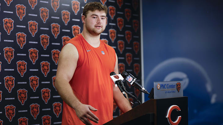 May 9, 2025; Lake Forest, IL, USA; Chicago Bears offensive line Ozzy Trapilo speaks during the Rookie Minicamp at Halas Hall. Mandatory Credit: Kamil Krzaczynski-Imagn Images