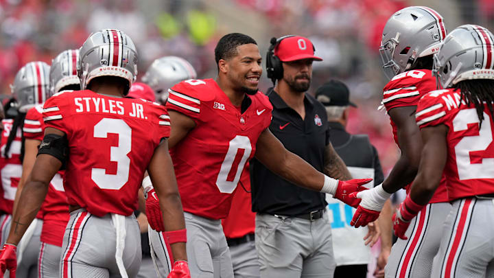 Aug 31, 2024; Columbus, OH, USA; Ohio State Buckeyes linebacker Cody Simon (0) watches from the sideline during the first half of the NCAA football game against the Akron Zips at Ohio Stadium.