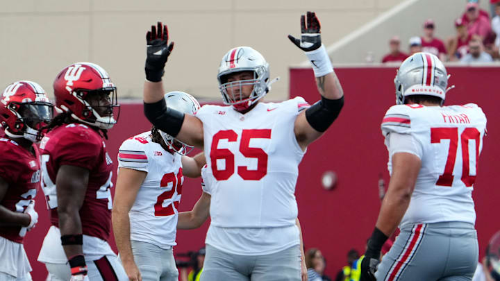 Sep 2, 2023; Bloomington, Indiana, USA; Ohio State Buckeyes offensive lineman Zen Michalski (65) reacts during the NCAA football game at Indiana University Memorial Stadium. Ohio State won 23-3.