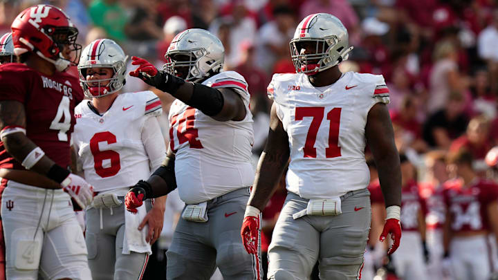 Sep 2, 2023; Bloomington, Indiana, USA; Ohio State Buckeyes offensive lineman Josh Simmons (71) lines up beside offensive lineman Donovan Jackson (74) during the NCAA football game at Indiana University Memorial Stadium. Ohio State won 23-3. Sep 2, 2023; Bloomington, Indiana, USA; Ohio State Buckeyes offensive lineman Josh Simmons (71) lines up beside offensive lineman Donovan Jackson (74) during the NCAA football game at Indiana University Memorial Stadium. Ohio State won 23-3.