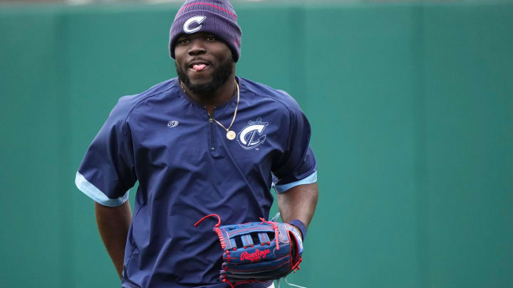 Mar 27, 2024; Columbus, Ohio, USA; Jhonkensy Noel runs back to the dugout during Columbus Clippers practice at Huntington Park. Mar 27, 2024; Columbus, Ohio, USA; Jhonkensy Noel runs back to the dugout during Columbus Clippers practice at Huntington Park.