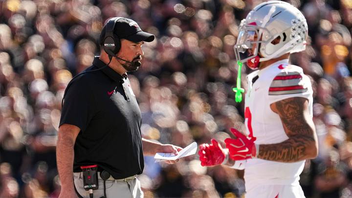 Ohio State Buckeyes head coach Ryan Day watches during the NCAA football game against the Iowa Hawkeyes at Kinnick Stadium in Iowa City on Oct. 3, 2026.