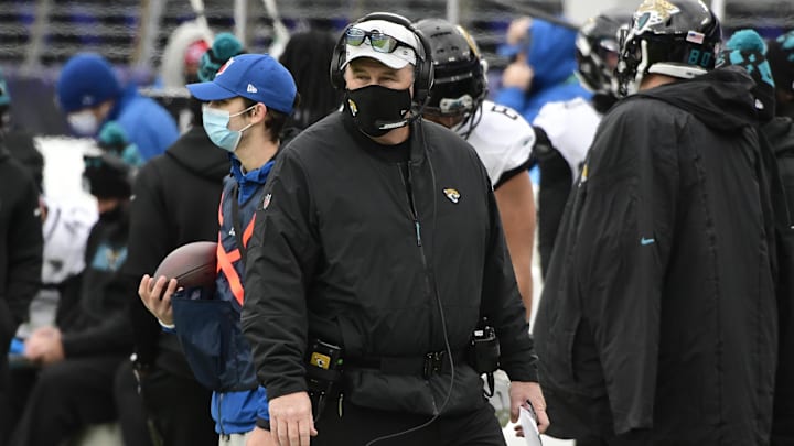 Dec 20, 2020; Baltimore, Maryland, USA;  Jacksonville Jaguars head coach Doug Marrone during the second quarter against the Baltimore Ravens at M&T Bank Stadium. Mandatory Credit: Tommy Gilligan-Imagn Images