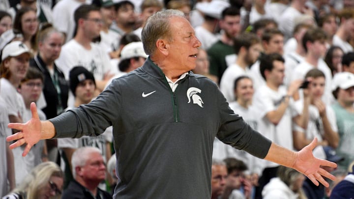 Nov 4, 2024; East Lansing, Michigan, USA; Michigan State Spartans head coach Tom Izzo protests a call that went Monmouth Hawks way during the first half at Jack Breslin Student Events Center. Mandatory Credit: Dale Young-Imagn Images