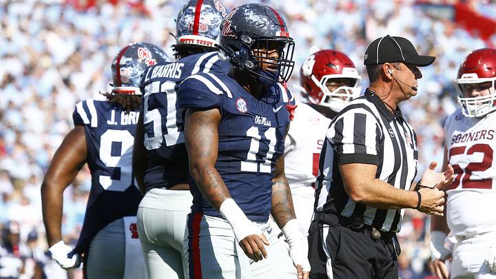 Mississippi Rebels linebacker Chris Paul Jr. (11) waits for the snap during the first half against the Oklahoma Sooners. Mississippi Rebels linebacker Chris Paul Jr. (11) waits for the snap during the first half against the Oklahoma Sooners.