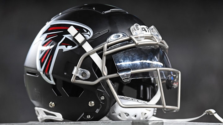 Sep 16, 2024; Philadelphia, Pennsylvania, USA; Atlanta Falcons helmet on the sidelines before game against the Philadelphia Eagles at Lincoln Financial Field. Mandatory Credit: Eric Hartline-Imagn Images