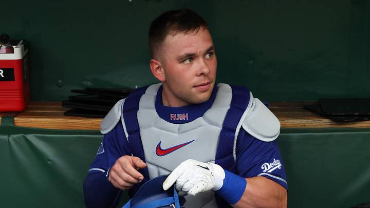 Jun 11, 2026; Pittsburgh, Pennsylvania, USA;  Los Angeles Dodgers catcher Dalton Rushing (68) prepares in the dugout before the game against the Pittsburgh Pirates at PNC Park. Mandatory Credit: Charles LeClaire-Imagn Images