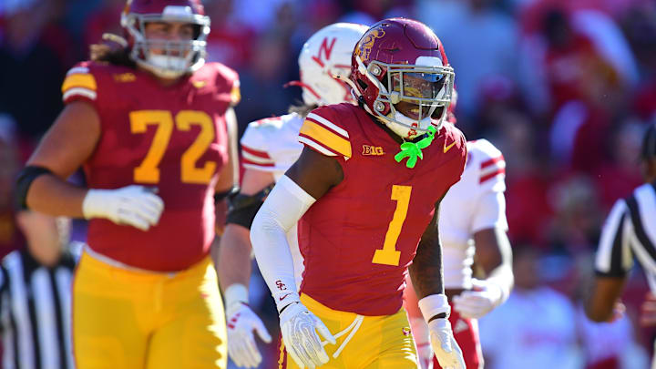 Nov 16, 2024; Los Angeles, California, USA; Southern California Trojans wide receiver Zachariah Branch (1) celebrates his touchdown scored against the Nebraska Cornhuskers during the first half at the Los Angeles Memorial Coliseum. Mandatory Credit: Gary A. Vasquez-Imagn Images