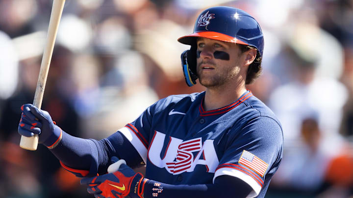 Mar 3, 2026; Scottsdale, AZ, USA; Team USA second baseman Brice Turang against the San Francisco Giants during a spring training game at Scottsdale Stadium. Mandatory Credit: Mark J. Rebilas-Imagn Images