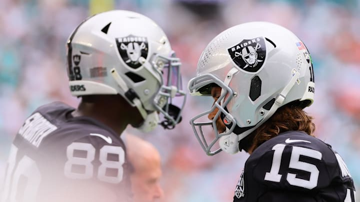 Nov 17, 2024; Miami Gardens, Florida, USA; Las Vegas Raiders quarterback Gardner Minshew (15) returns to the sideline against the Miami Dolphins during the first quarter at Hard Rock Stadium. Mandatory Credit: Sam Navarro-Imagn Images Nov 17, 2024; Miami Gardens, Florida, USA; Las Vegas Raiders quarterback Gardner Minshew (15) returns to the sideline against the Miami Dolphins during the first quarter at Hard Rock Stadium. Mandatory Credit: Sam Navarro-Imagn Images