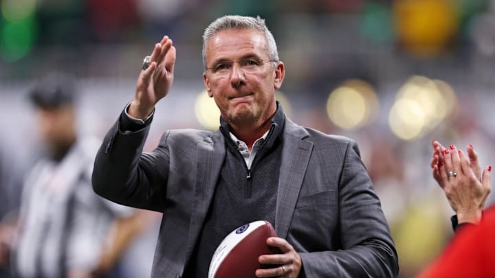 Urban Meyer looks on during the second half the CFP National Championship college football game at Mercedes-Benz Stadium. 