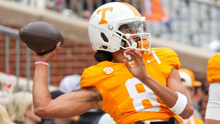 Nov 23, 2024; Knoxville, Tennessee, USA; Tennessee Volunteers quarterback Nico Iamaleava (8) throws a ball during warm-ups before a game against the UTEP Miners at Neyland Stadium. Mandatory Credit: Angelina Alcantar/USA TODAY Network via Imagn Images
