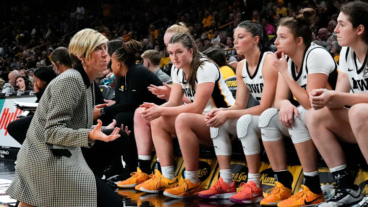 Iowa Hawkeyes head coach Jan Jensen talks to her bench during a game against the Maryland Terrapins Sunday, Jan. 5, 2025 at Carver-Hawkeye Arena in Iowa City, Iowa.