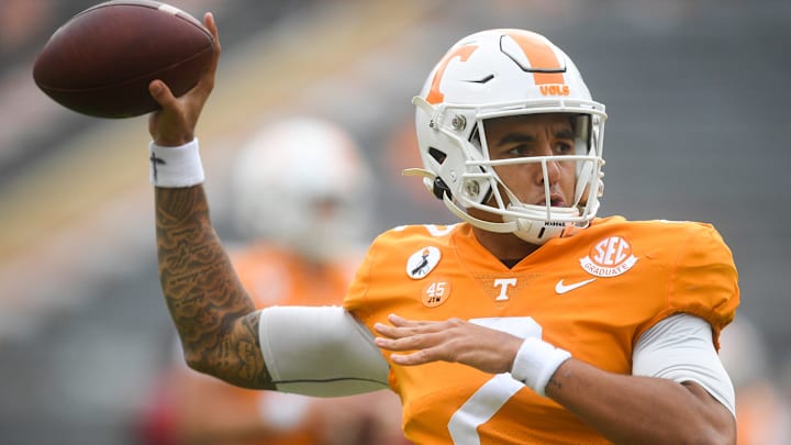Tennessee quarterback Jarrett Guarantano (2) warms up before a game between Tennessee and Alabama at Neyland Stadium in Knoxville, Tenn. Saturday, Oct. 24, 2020.