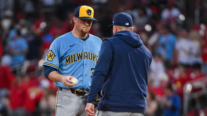 May 4, 2026; St. Louis, Missouri, USA;  Milwaukee Brewers starting pitcher Chad Patrick (39) is removed from the game by manager Pat Murphy (49) during the fourth inning against the St. Louis Cardinals at Busch Stadium. Mandatory Credit: Jeff Curry-Imagn Images