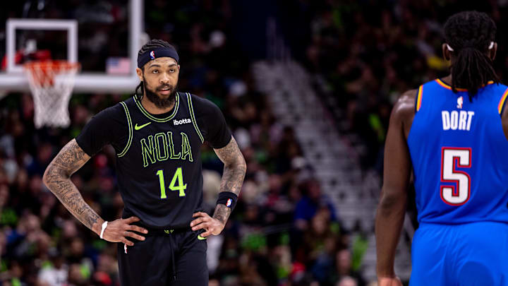 Apr 29, 2024; New Orleans, Louisiana, USA; New Orleans Pelicans forward Brandon Ingram (14) looks on