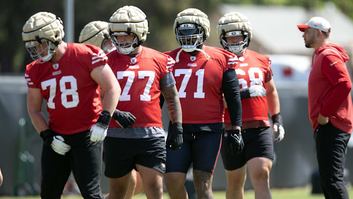 Jun 10, 2025; Santa Clara, CA, USA; San Francisco 49ers offensive linemen Ben Bartch (78), Dominick Puni (77), Trent Williams (71) and Colton McKivitz (68) during an OTA at Levi's Stadium. Mandatory Credit: D. Ross Cameron-Imagn Images
